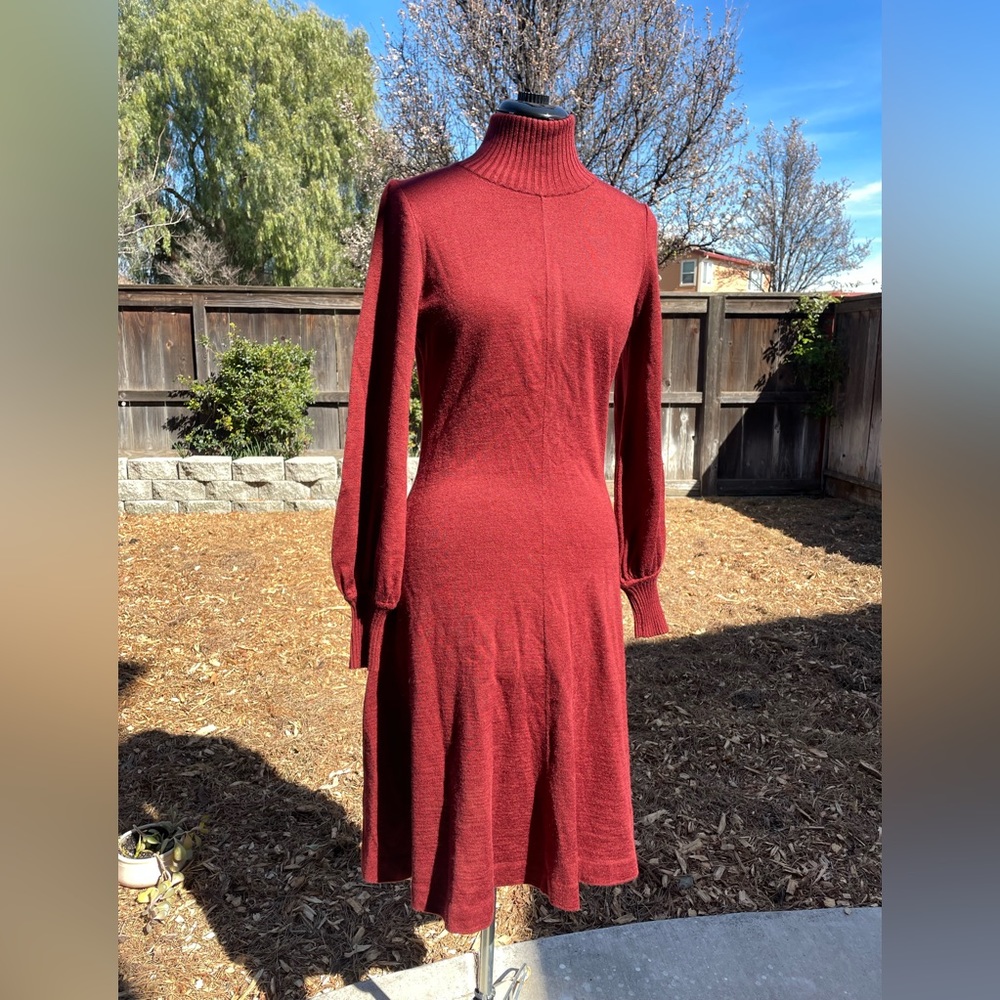 Vintage RONCELLI knee length Rust Orange Red Wool Long Sleeves Fit Flare dress